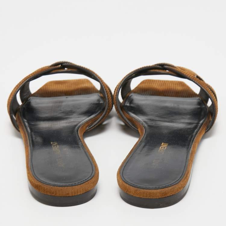 Pre Owned Saint Laurent Brown Suede Tribute Flat Slides Size 38