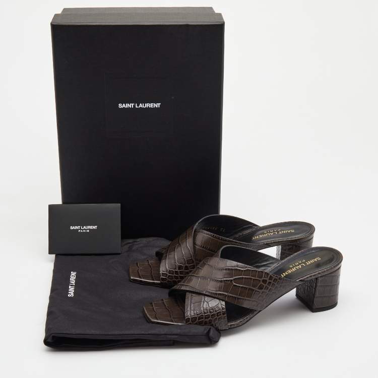 مملوكة مسبقًا Saint Laurent Dark Brown Croc Embossed Crisscross Loulou Mules Size 38