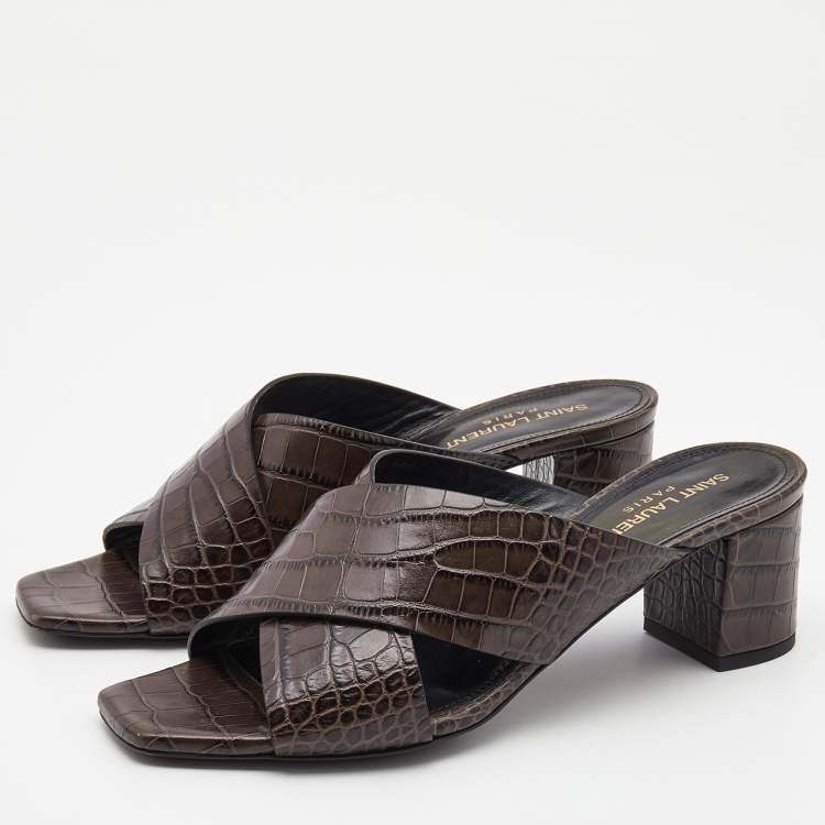 مملوكة مسبقًا Saint Laurent Dark Brown Croc Embossed Crisscross Loulou Mules Size 38