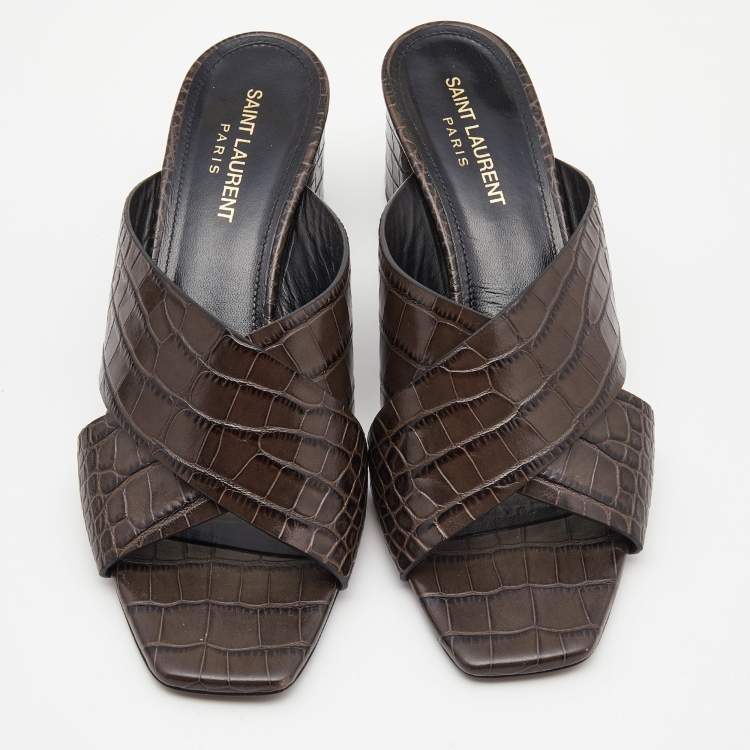 مملوكة مسبقًا Saint Laurent Dark Brown Croc Embossed Crisscross Loulou Mules Size 38