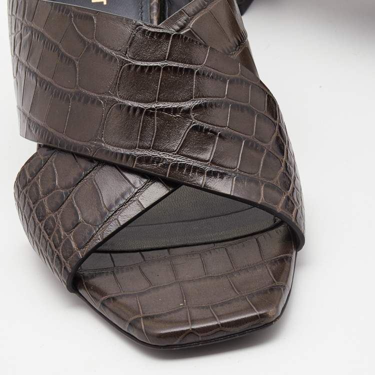 مملوكة مسبقًا Saint Laurent Dark Brown Croc Embossed Crisscross Loulou Mules Size 38