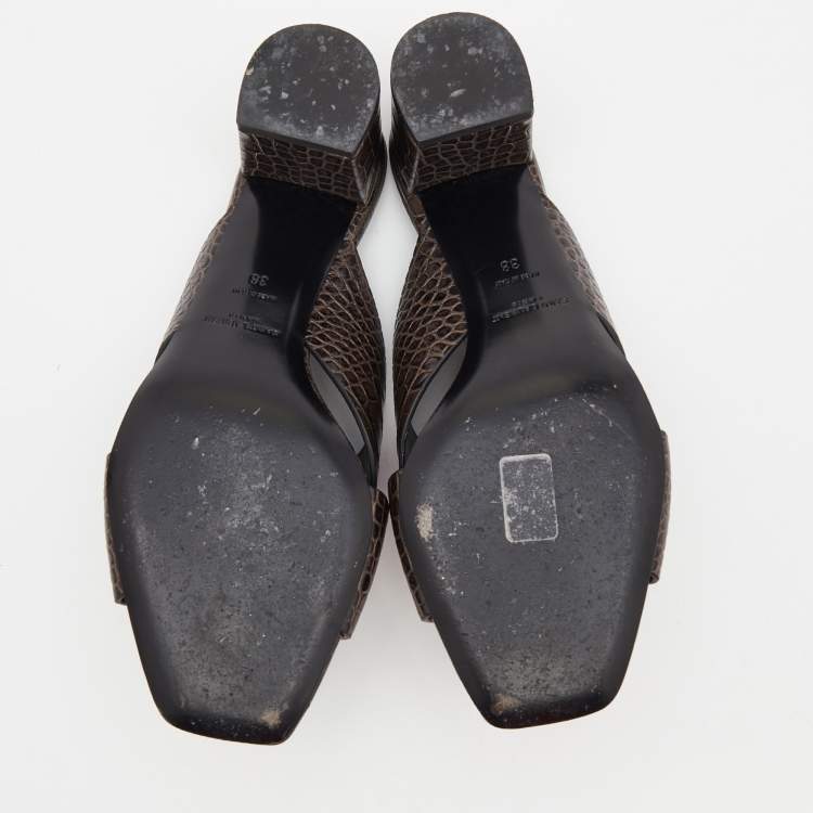 مملوكة مسبقًا Saint Laurent Dark Brown Croc Embossed Crisscross Loulou Mules Size 38