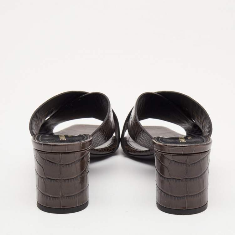 مملوكة مسبقًا Saint Laurent Dark Brown Croc Embossed Crisscross Loulou Mules Size 38