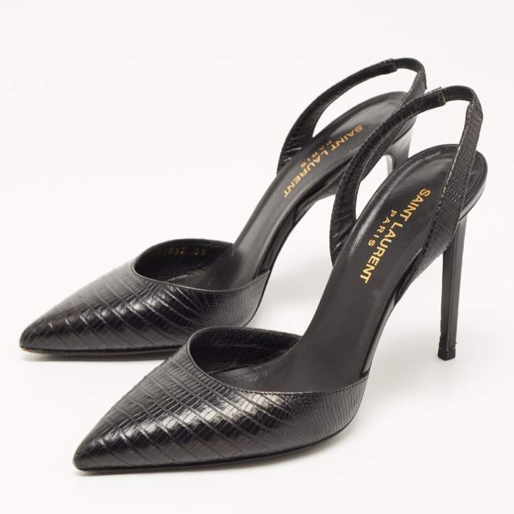 مملوكة مسبقًا Saint Laurent Black Lizard Embossed Leather Slingback Pumps Size 36