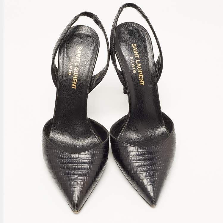 مملوكة مسبقًا Saint Laurent Black Lizard Embossed Leather Slingback Pumps Size 36