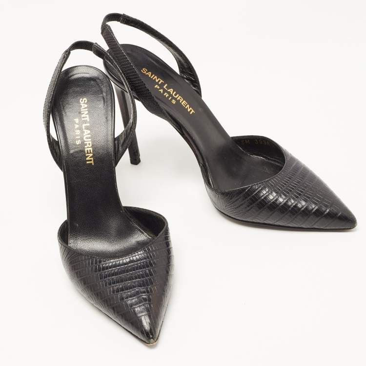 مملوكة مسبقًا Saint Laurent Black Lizard Embossed Leather Slingback Pumps Size 36