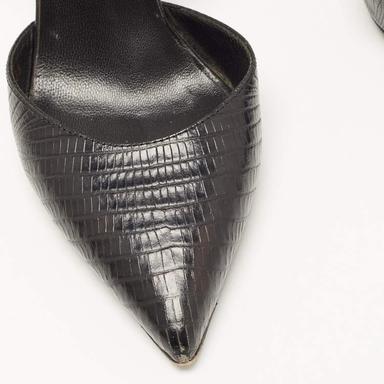مملوكة مسبقًا Saint Laurent Black Lizard Embossed Leather Slingback Pumps Size 36