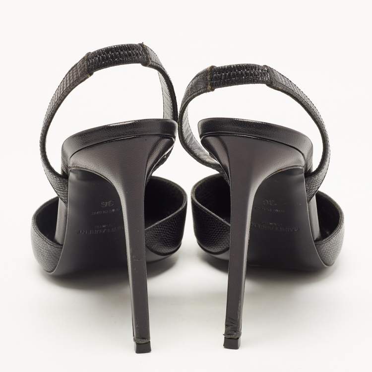 مملوكة مسبقًا Saint Laurent Black Lizard Embossed Leather Slingback Pumps Size 36