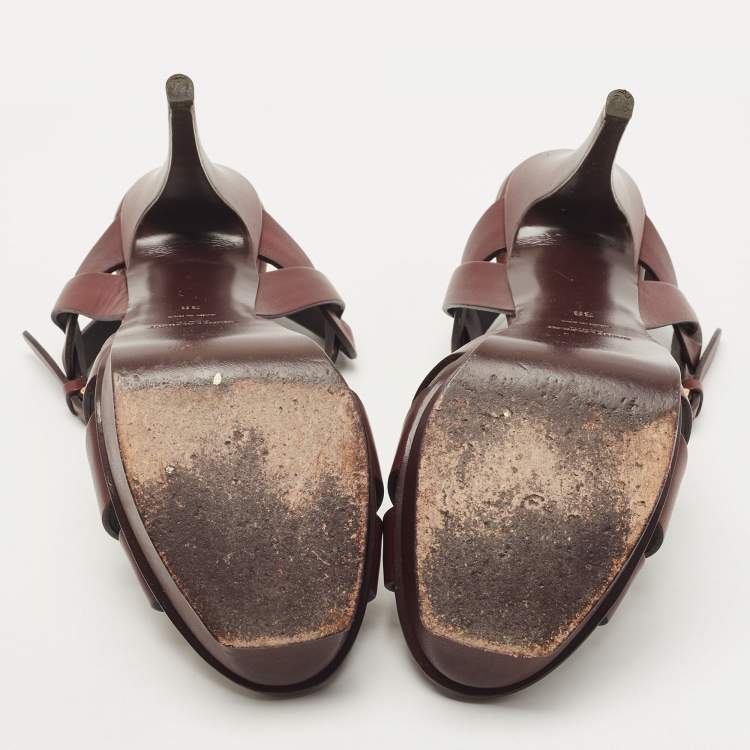 Pre Owned Saint Laurent Burgundy Leather Tribute Sandals Size 38