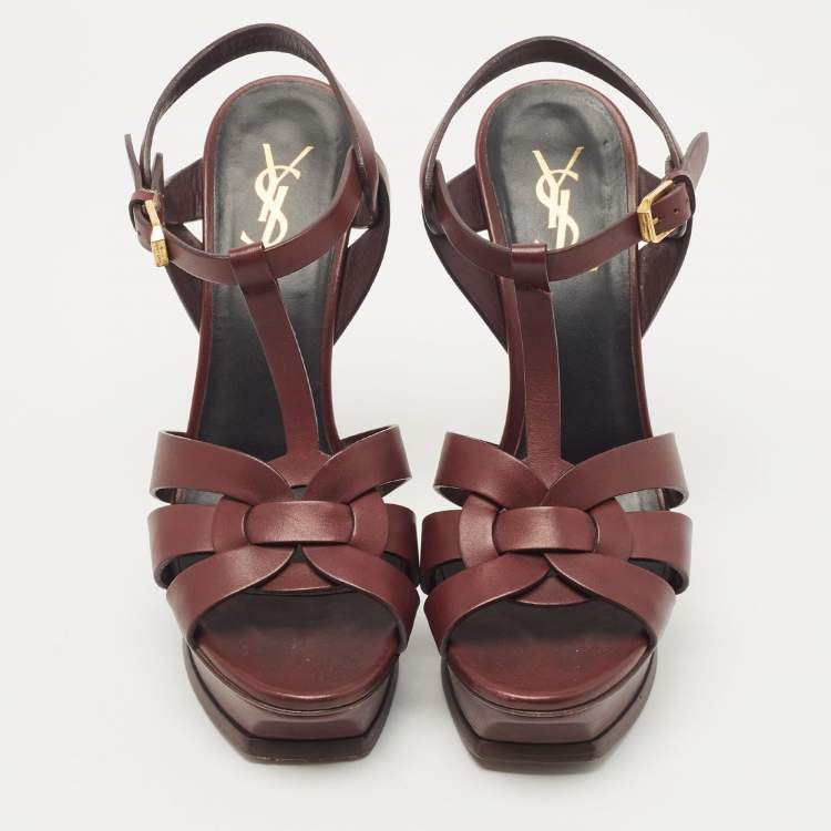 Pre Owned Saint Laurent Burgundy Leather Tribute Sandals Size 38
