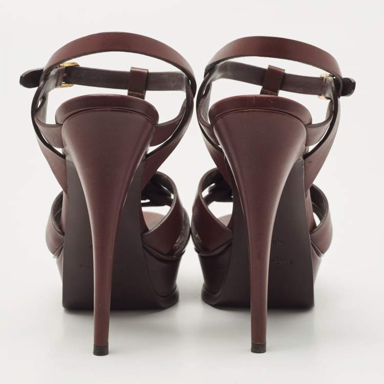 Pre Owned Saint Laurent Burgundy Leather Tribute Sandals Size 38