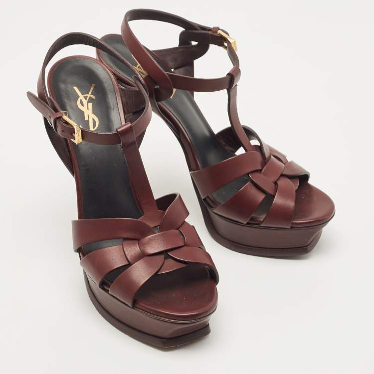 Pre Owned Saint Laurent Burgundy Leather Tribute Sandals Size 38