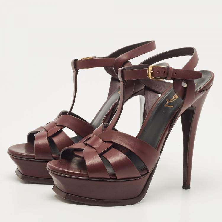 Pre Owned Saint Laurent Burgundy Leather Tribute Sandals Size 38