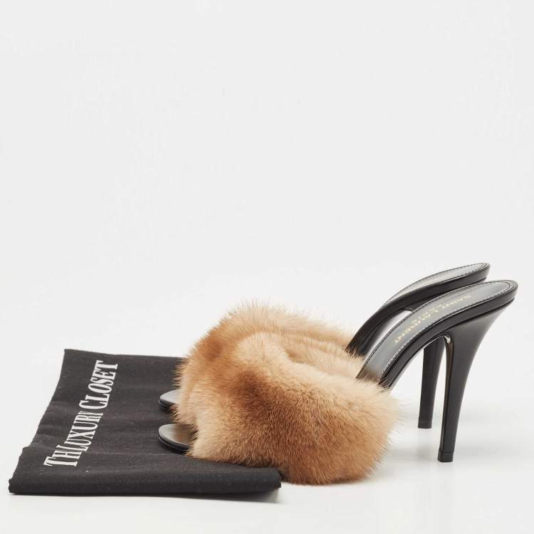 Pre Owned Saint Laurent Beige Mink Fur Roy Slides Size 38.5