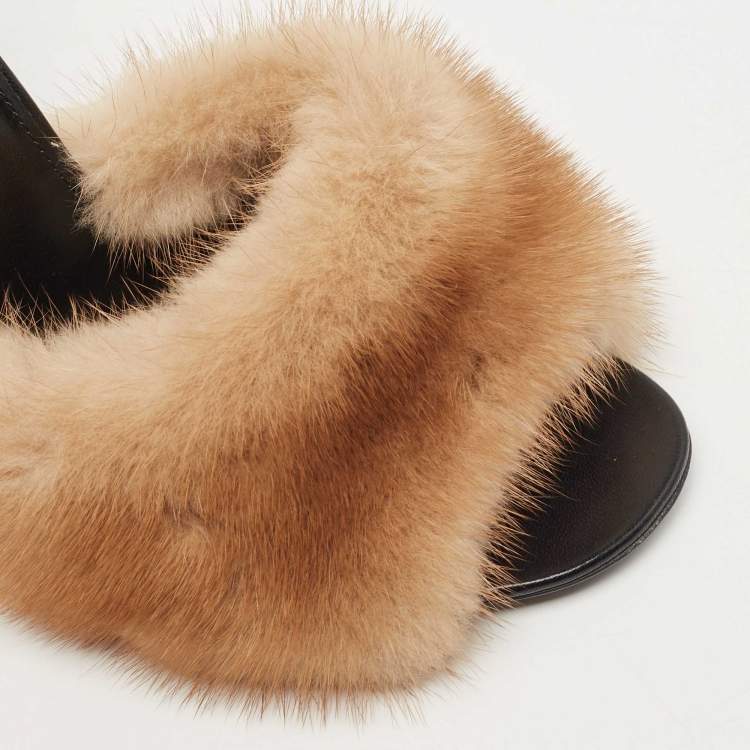 Pre Owned Saint Laurent Beige Mink Fur Roy Slides Size 38.5