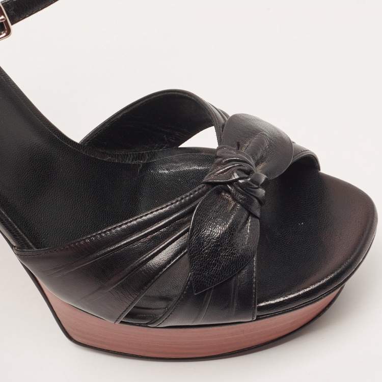 Pre Owned Saint Laurent Paris Black Leather Bow Platform Ankle Strap Sandals Size 37.5