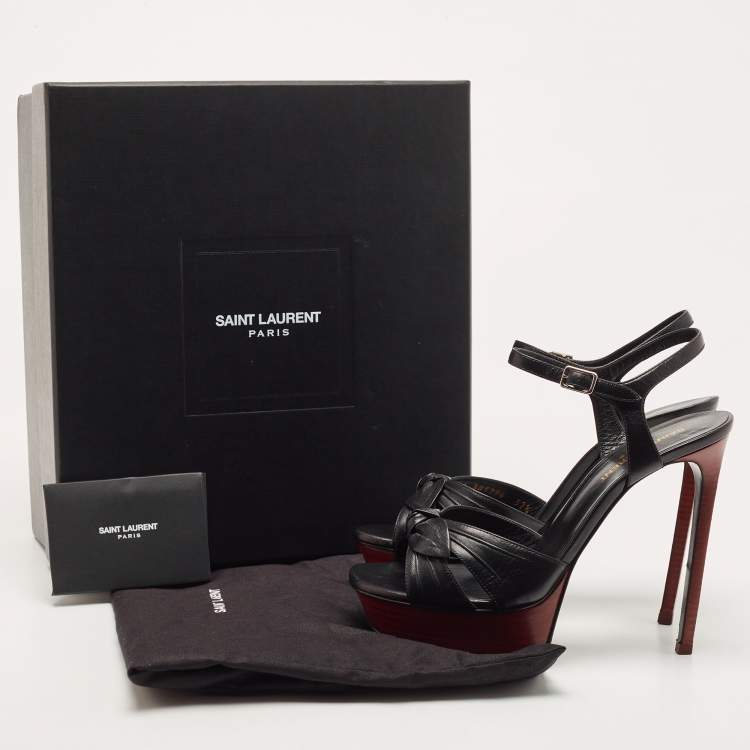 Pre Owned Saint Laurent Paris Black Leather Bow Platform Ankle Strap Sandals Size 37.5