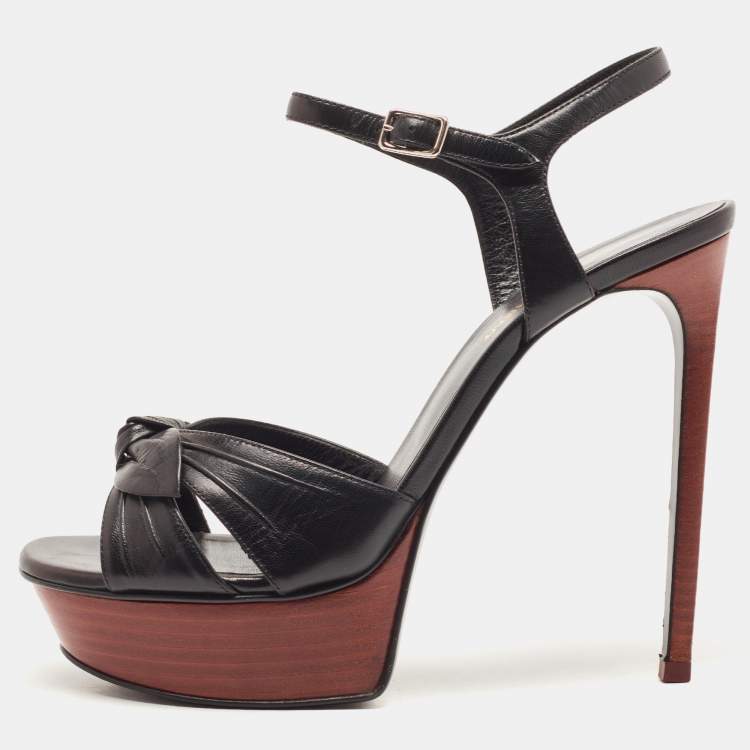 Pre Owned Saint Laurent Paris Black Leather Bow Platform Ankle Strap Sandals Size 37.5
