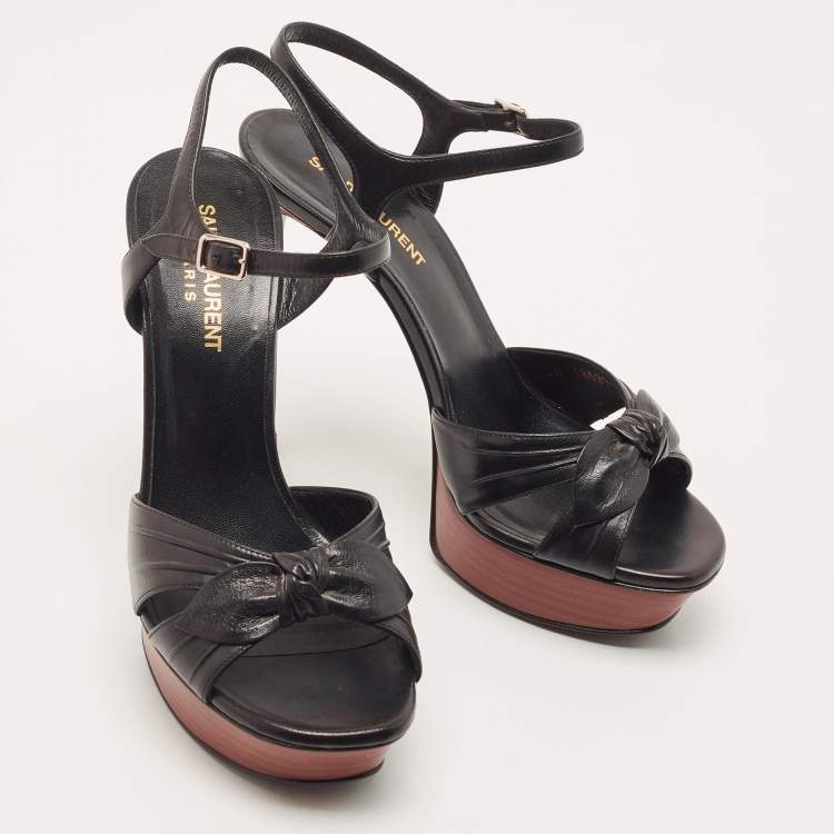 Pre Owned Saint Laurent Paris Black Leather Bow Platform Ankle Strap Sandals Size 37.5