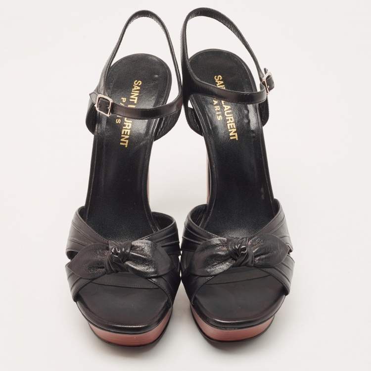 Pre Owned Saint Laurent Paris Black Leather Bow Platform Ankle Strap Sandals Size 37.5