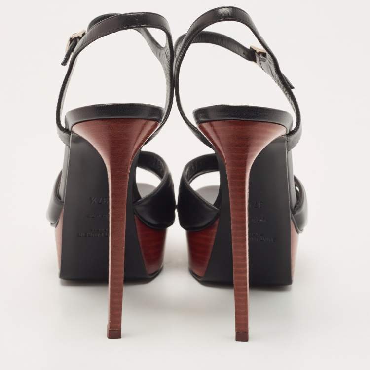 Pre Owned Saint Laurent Paris Black Leather Bow Platform Ankle Strap Sandals Size 37.5