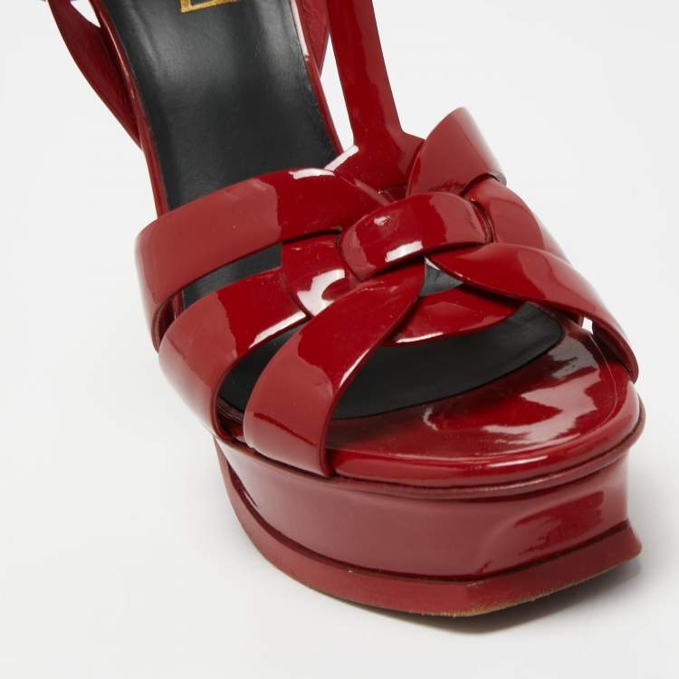 Pre Owned Saint Laurent Dark Red Patent Leather Tribute Sandals Size 38