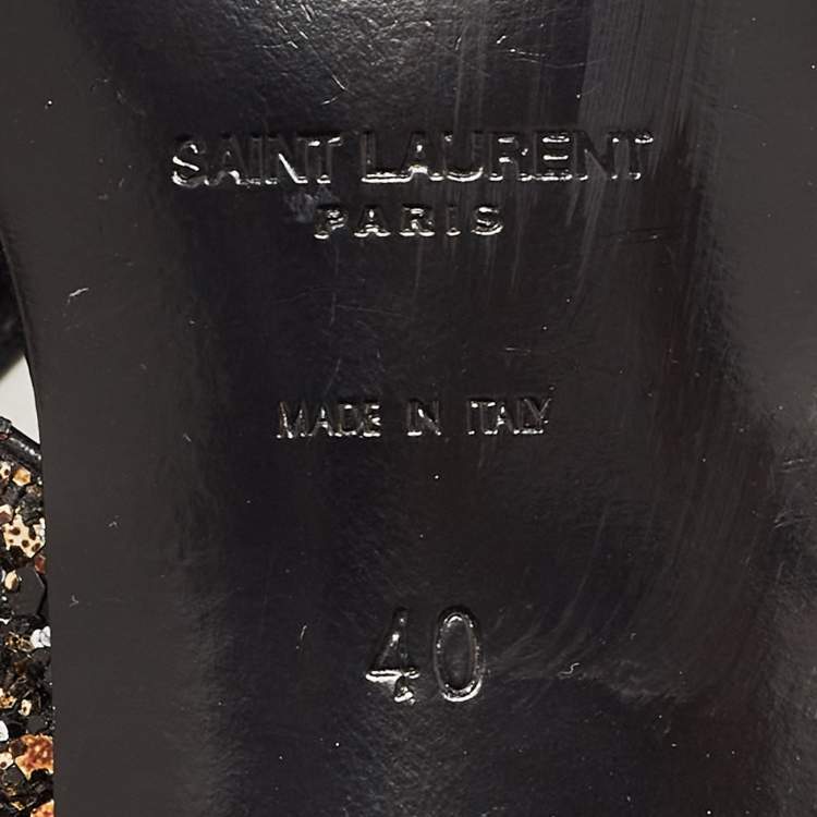 Pre Owned Saint Laurent Paris Black Gold/Black Glitters Loulou Criss Cross Block Heel Slide Sandals Size 40