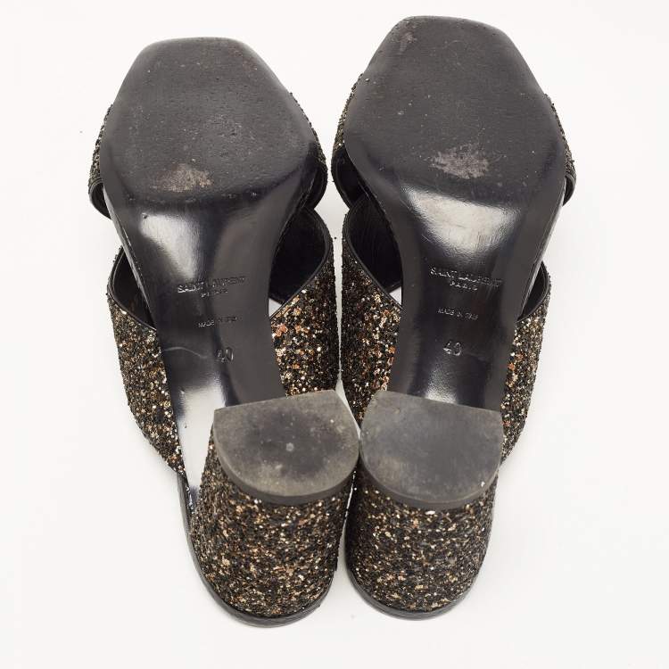 Pre Owned Saint Laurent Paris Black Gold/Black Glitters Loulou Criss Cross Block Heel Slide Sandals Size 40
