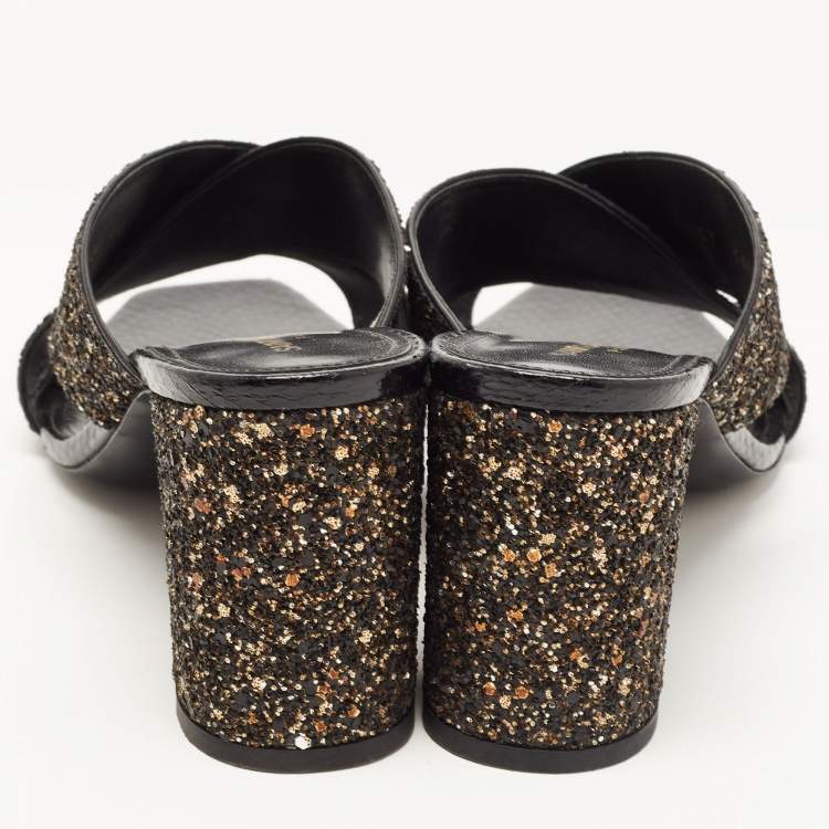 Pre Owned Saint Laurent Paris Black Gold/Black Glitters Loulou Criss Cross Block Heel Slide Sandals Size 40