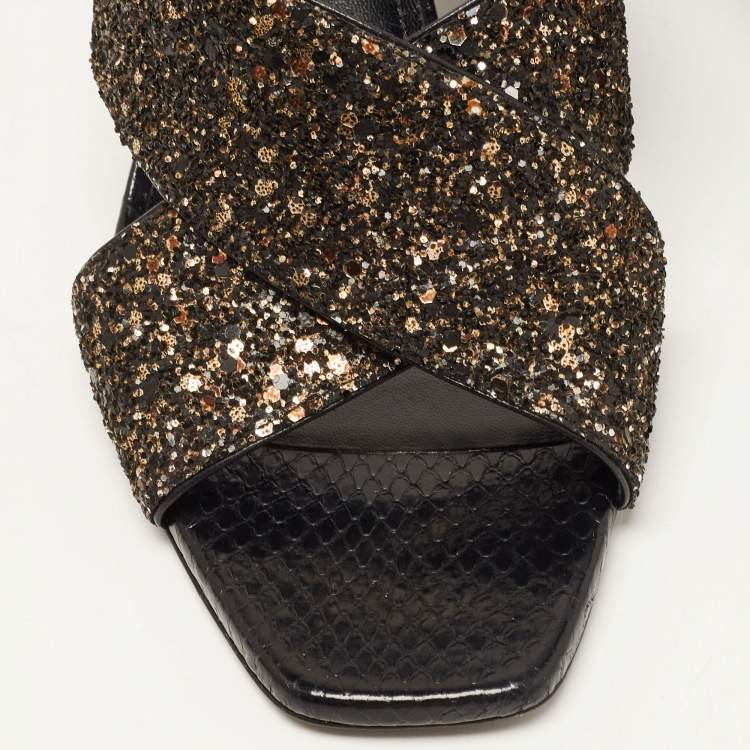 Pre Owned Saint Laurent Paris Black Gold/Black Glitters Loulou Criss Cross Block Heel Slide Sandals Size 40