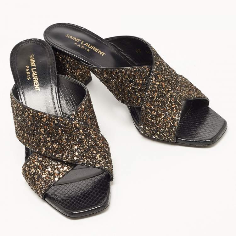 Pre Owned Saint Laurent Paris Black Gold/Black Glitters Loulou Criss Cross Block Heel Slide Sandals Size 40