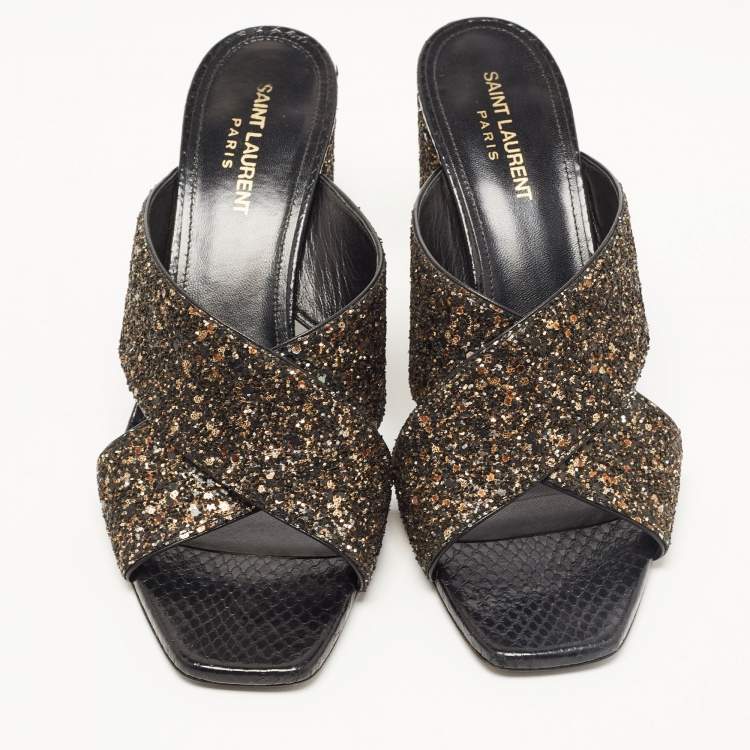Pre Owned Saint Laurent Paris Black Gold/Black Glitters Loulou Criss Cross Block Heel Slide Sandals Size 40