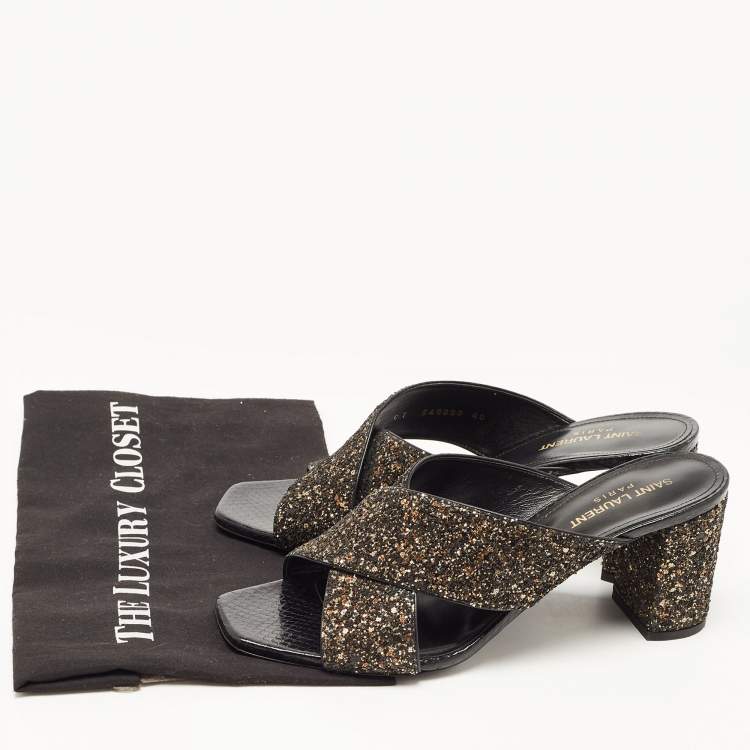 Pre Owned Saint Laurent Paris Black Gold/Black Glitters Loulou Criss Cross Block Heel Slide Sandals Size 40