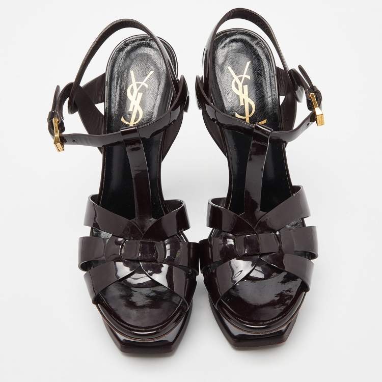 Pre Owned Saint Laurent Burgundy Patent Leather Tribute Sandals Size 35.5