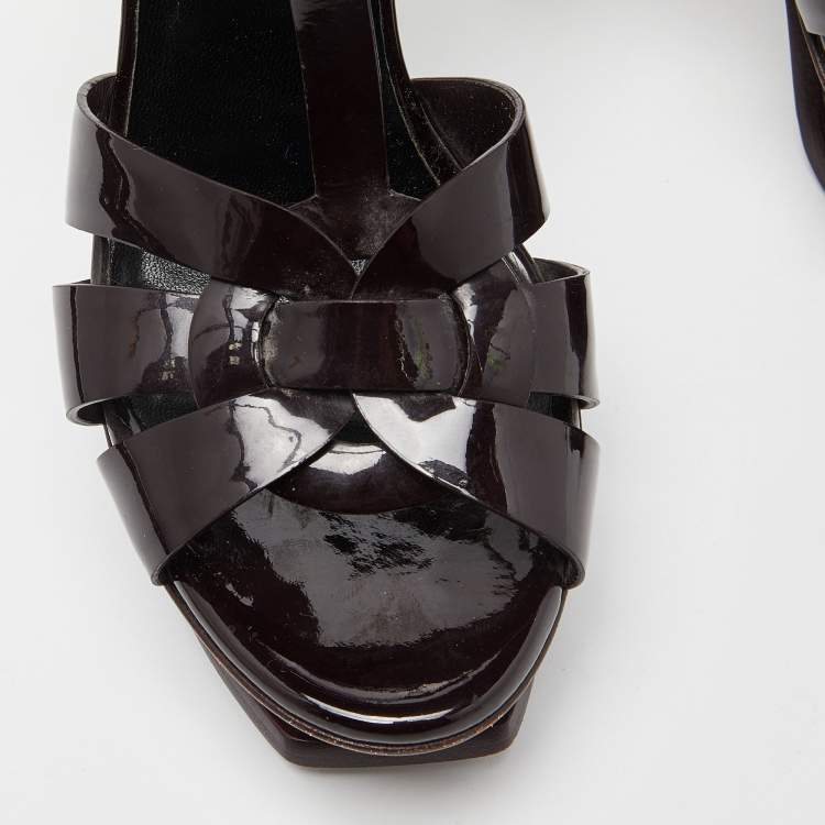 Pre Owned Saint Laurent Burgundy Patent Leather Tribute Sandals Size 35.5