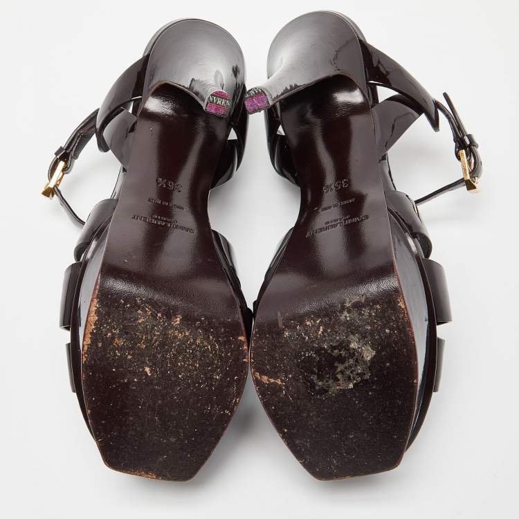 Pre Owned Saint Laurent Burgundy Patent Leather Tribute Sandals Size 35.5