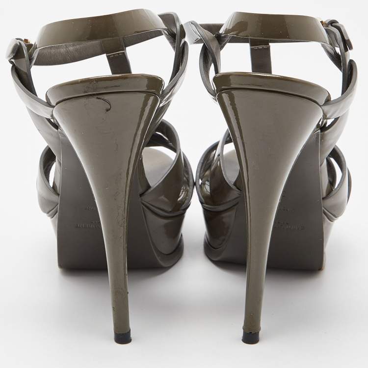 Pre Owned Saint Laurent Grey Patent Leather Tribute Sandals Size 39