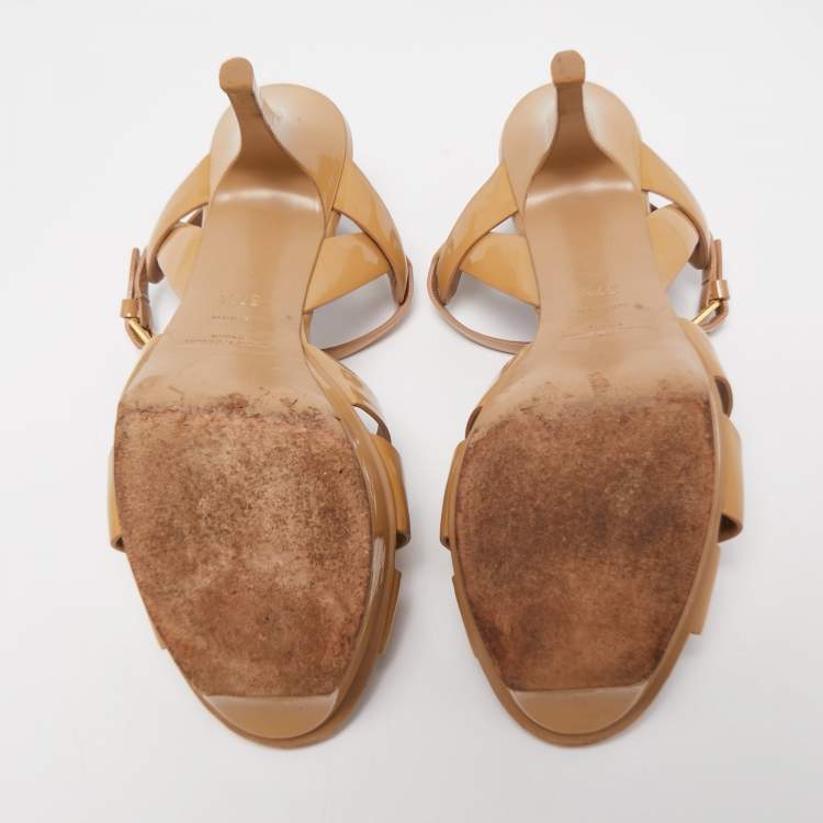 Pre Owned Saint Laurent Beige Patent Leather Tribute Sandals Size 37.5