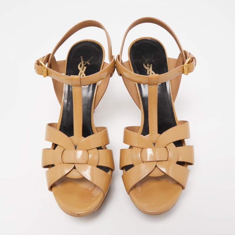 Pre Owned Saint Laurent Beige Patent Leather Tribute Sandals Size 37.5