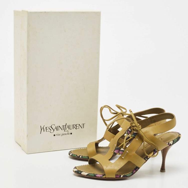 Pre Owned Saint Laurent Green Leather Strappy Sandals Size 35.5