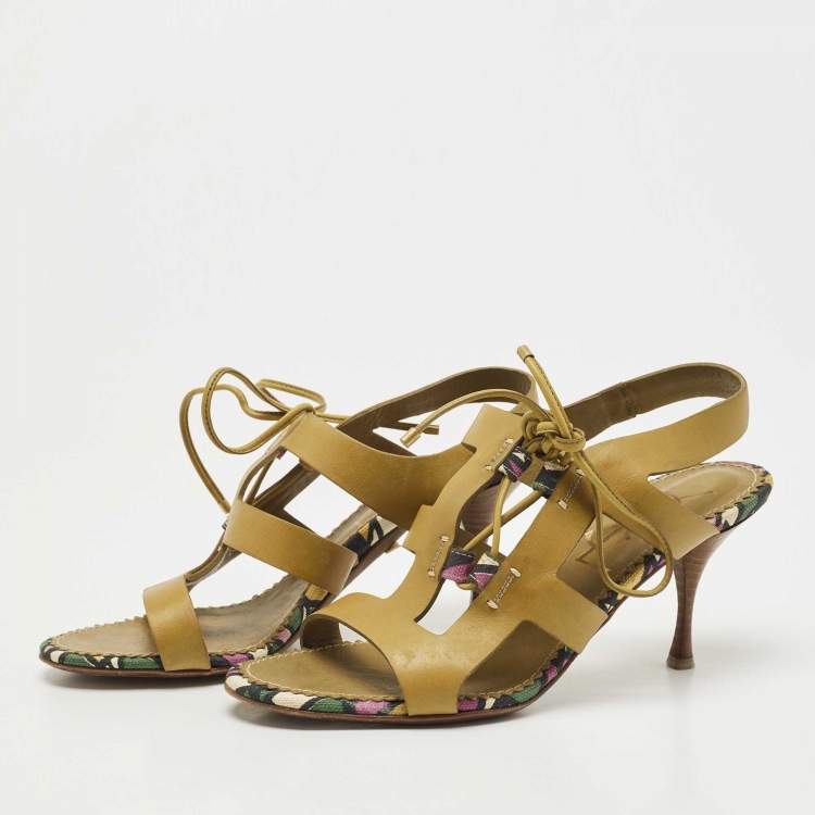 Pre Owned Saint Laurent Green Leather Strappy Sandals Size 35.5
