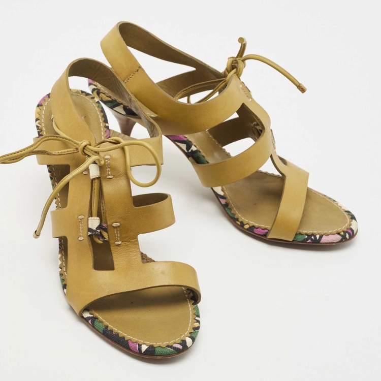Pre Owned Saint Laurent Green Leather Strappy Sandals Size 35.5