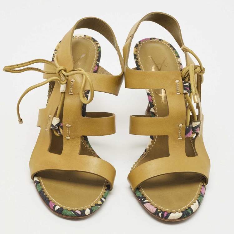 Pre Owned Saint Laurent Green Leather Strappy Sandals Size 35.5