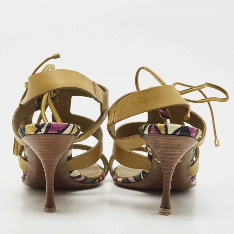 Pre Owned Saint Laurent Green Leather Strappy Sandals Size 35.5