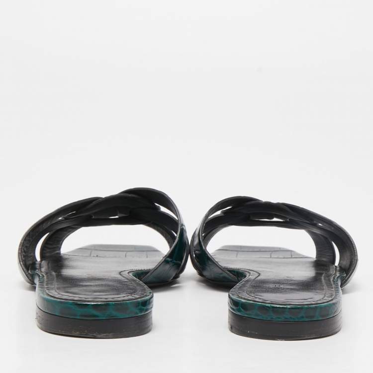 Pre Owned Saint Laurent Green Croc Embossed Leather Tribute Flat Slides Size 35