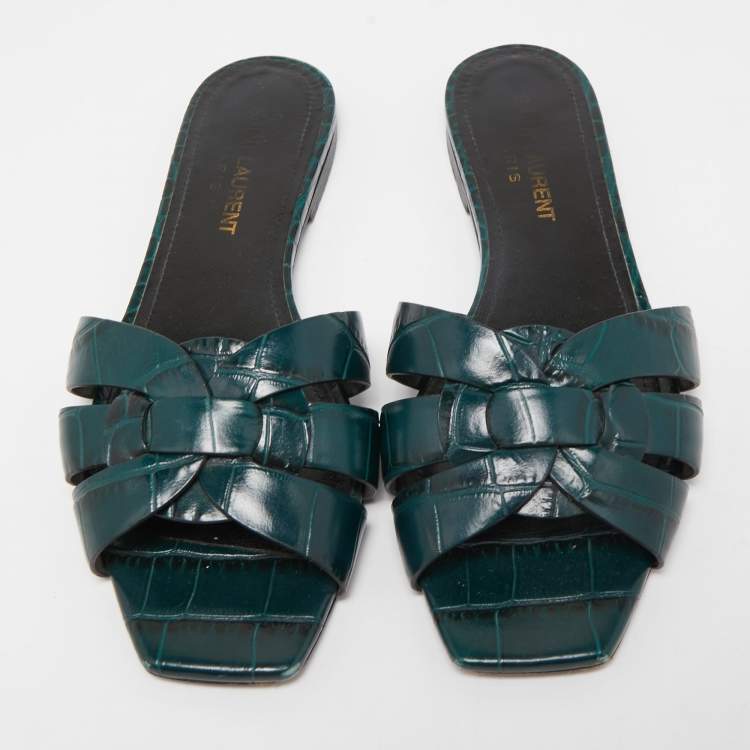 Pre Owned Saint Laurent Green Croc Embossed Leather Tribute Flat Slides Size 35