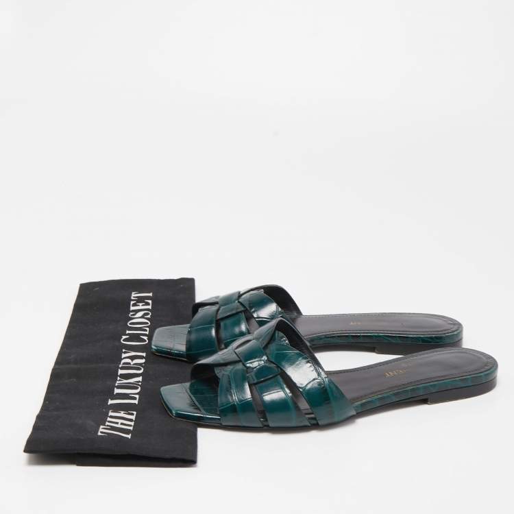 Pre Owned Saint Laurent Green Croc Embossed Leather Tribute Flat Slides Size 35