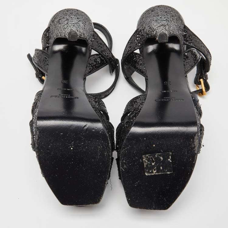 Pre Owned Saint Laurent Black Coarse Glitter Tribute Sandals Size 36