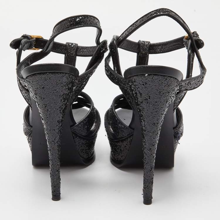 Pre Owned Saint Laurent Black Coarse Glitter Tribute Sandals Size 36