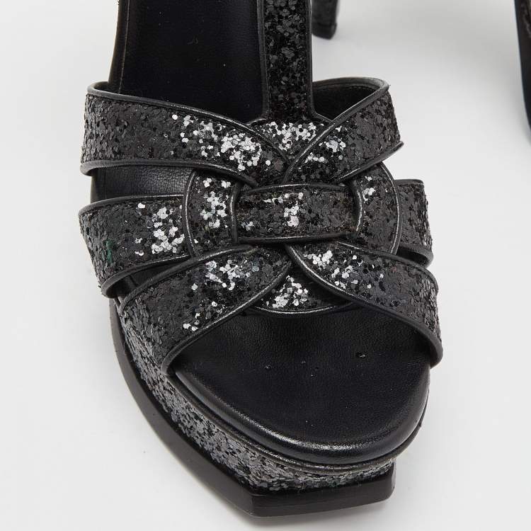Pre Owned Saint Laurent Black Coarse Glitter Tribute Sandals Size 36